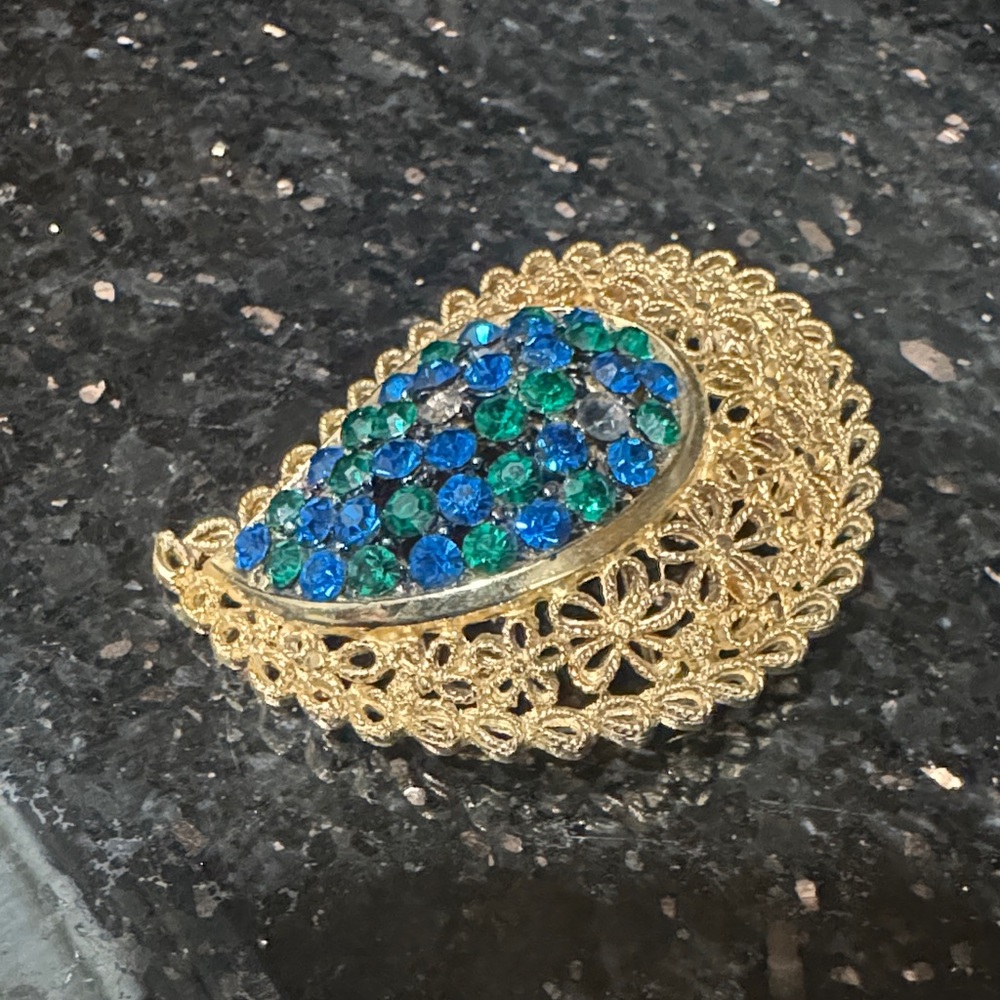 Gold and Blue Floral Brooch